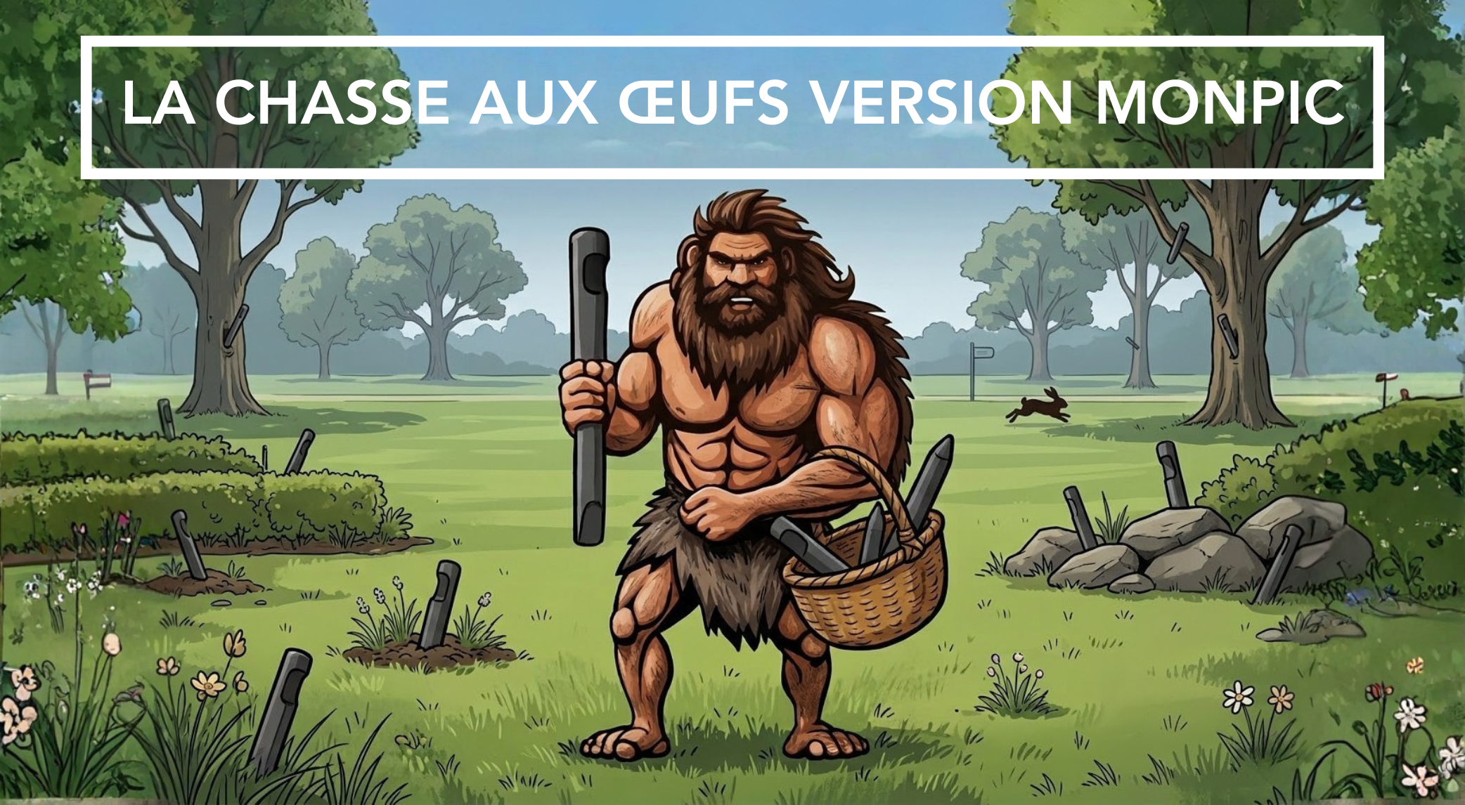 Affiche publicitaire avec le texte "La chasse aux œufs version monpic.fr" mascotte dans champs avec pics cachés