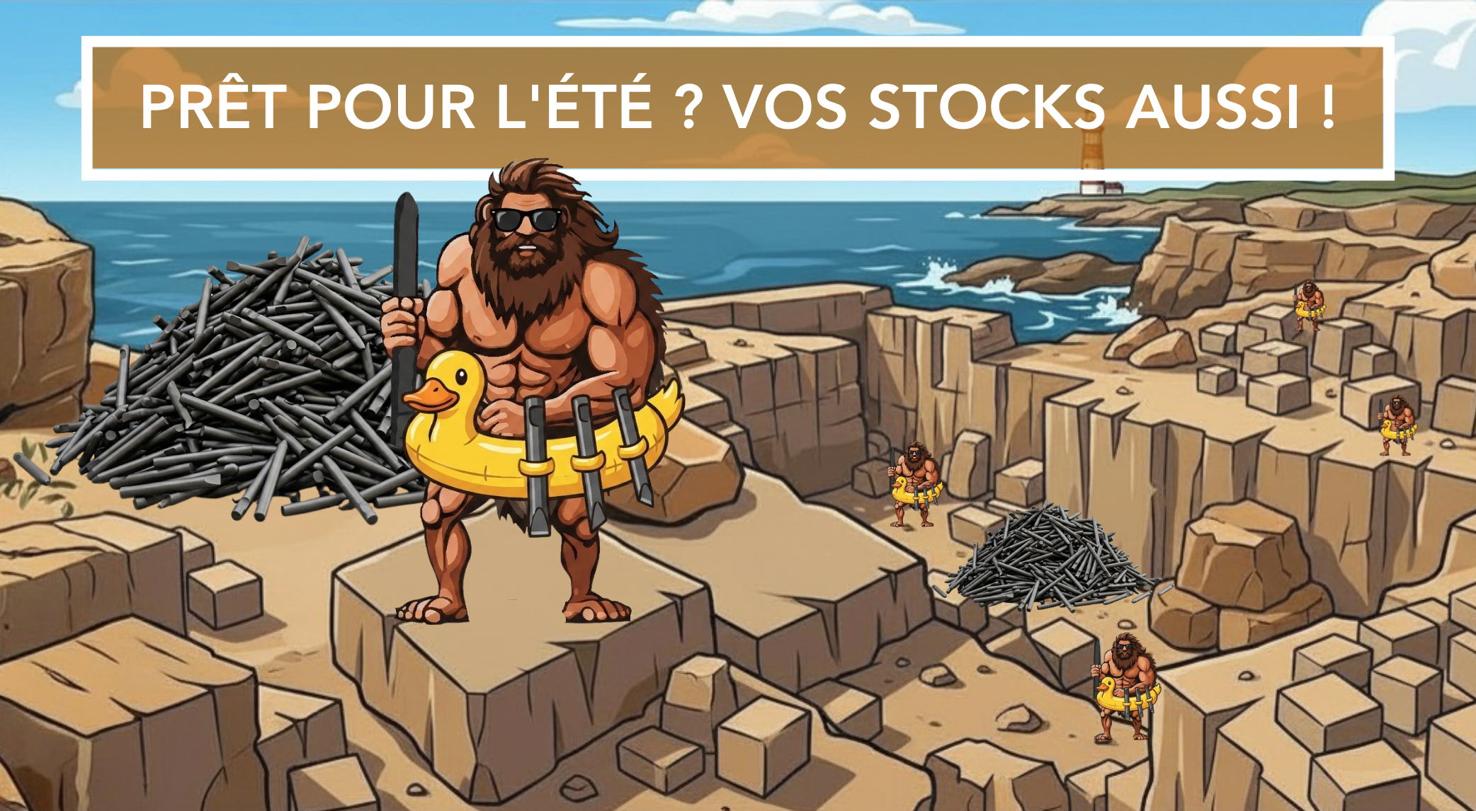 Affiche publicitaire avec le texte "Pr&ecirc;t pour l'&eacute;t&eacute; ? Vos stocks aussi !" mascotte dans carri&egrave;re avec pics au bord de mer
