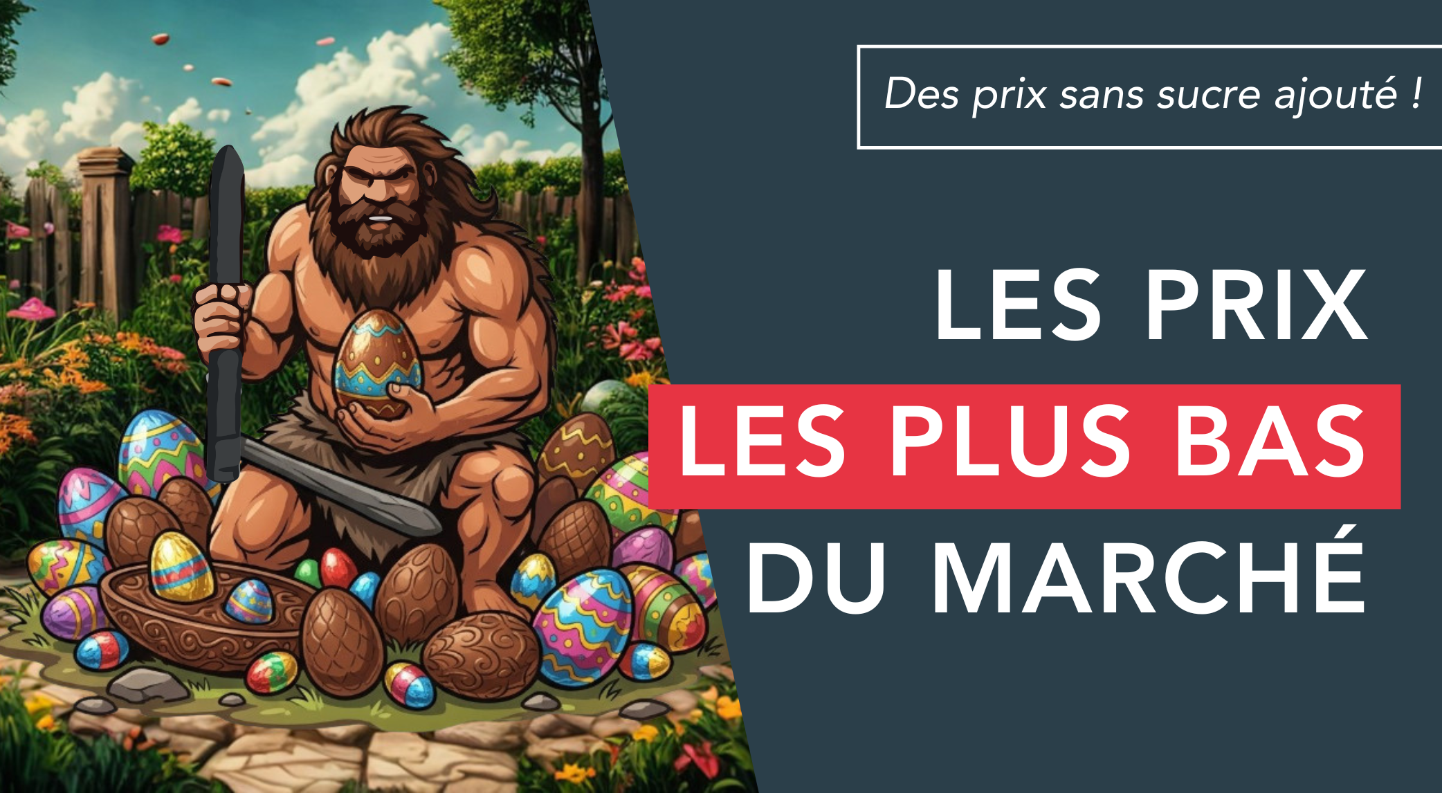 Affiche publicitaire avec le texte "Les prix les plus bas du marché" mascotte monpic.fr avec pleins d'œufs de Pâques