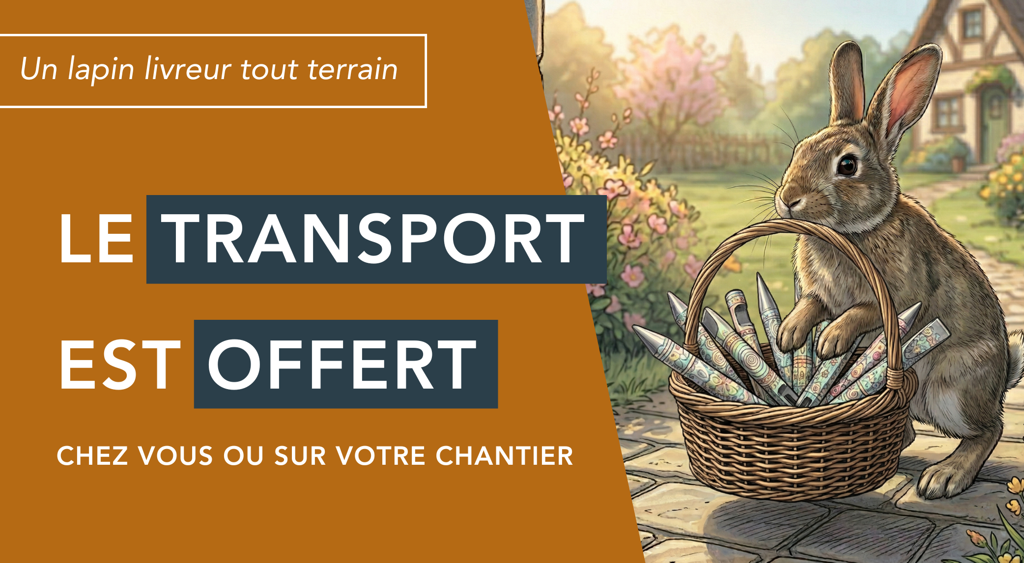 Affiche publicitaire avec le texte "Le transport est offert chez vous ou sur votre chantier". Lapin de Pâques avec panier de pics et burins pour la livraison.