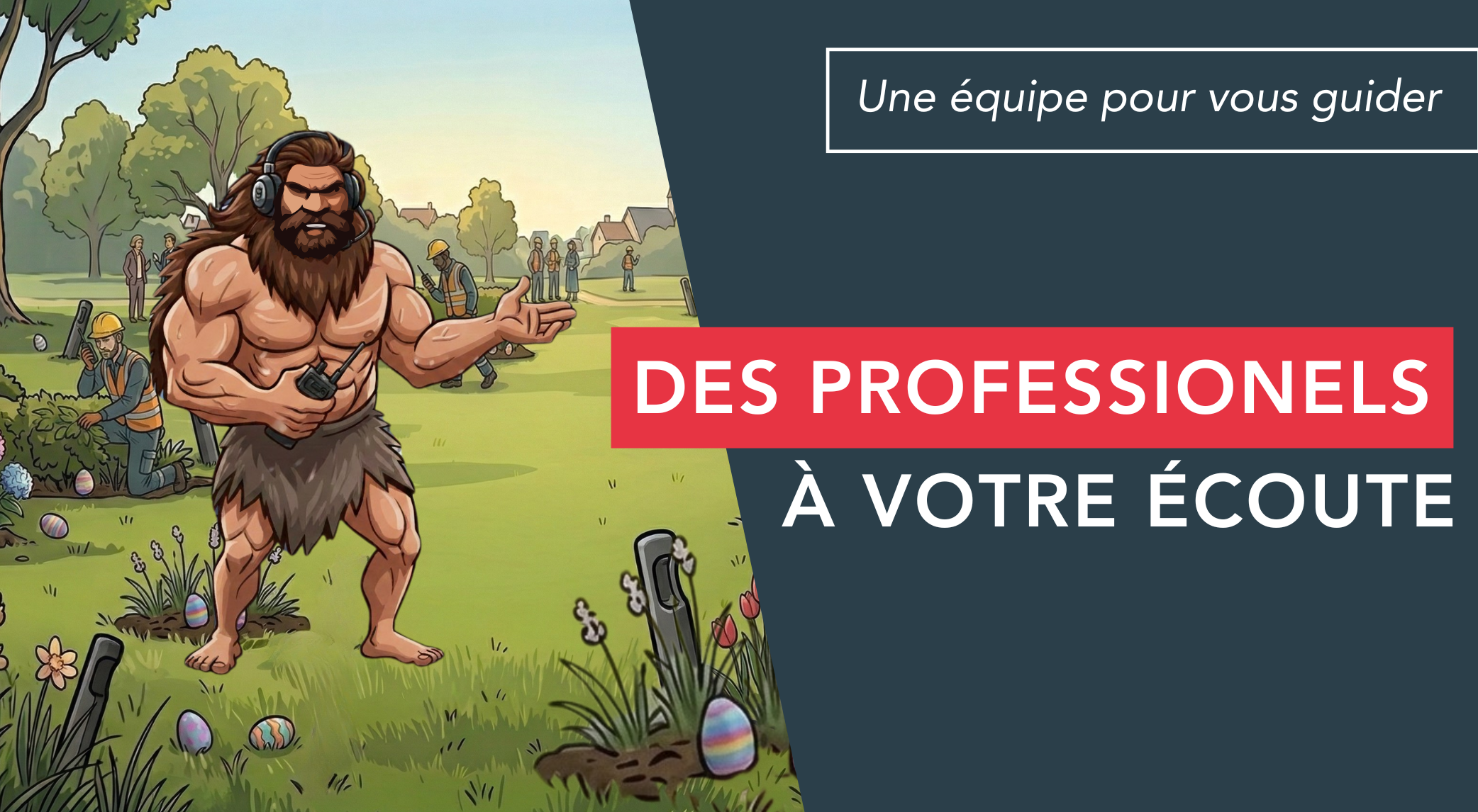 Affiche publicitaire avec le texte "Des professionnels à votre écoute", mascotte monpic.fr dans un jardin avec talkie-walkie qui donne des conseils à des foreurs qui cherchent les meilleurs pics et burins.
